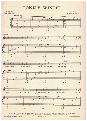 Picture of Lonely Winter, from movie "Joe Butterfly", Rod McKuen & Henry Mancini, sheet music