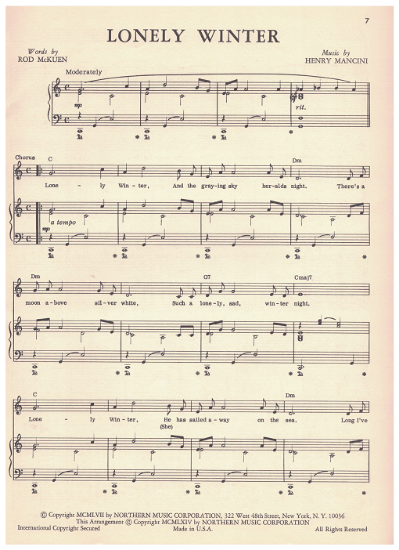 Picture of Lonely Winter, from movie "Joe Butterfly", Rod McKuen & Henry Mancini, sheet music