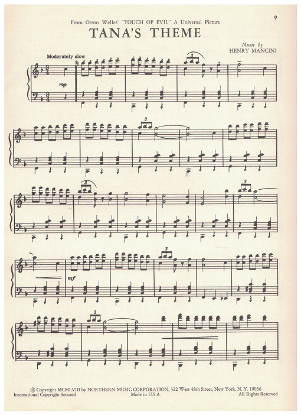 Picture of Tana's Theme, from movie "Touch of Evil", Henry Mancini, piano solo, sheet music