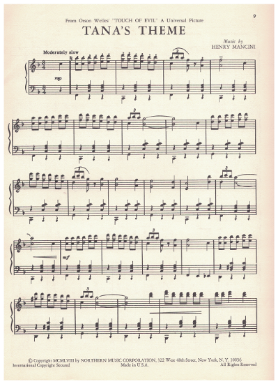 Picture of Tana's Theme, from movie "Touch of Evil", Henry Mancini, piano solo, sheet music