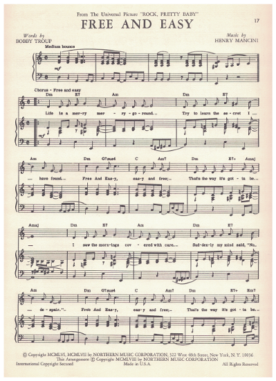 Picture of Free and Easy, from movie "Rock Pretty Baby", Bobby Troup & Henry Mancini, sheet music