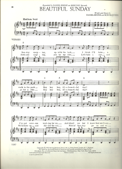 Picture of Beautiful Sunday, Daniel Boone & Rod McQueen, sheet music