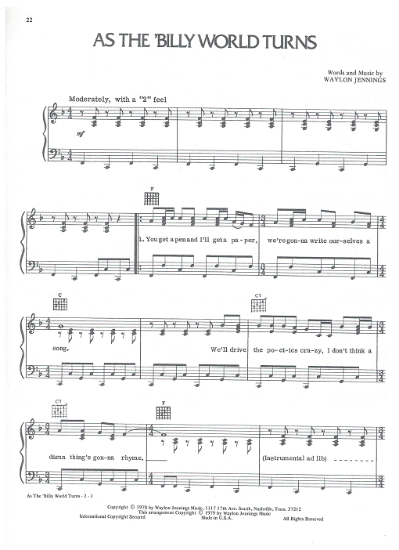 Picture of As the 'Billy World Turns, written & recorded by Waylon Jennings, sheet music