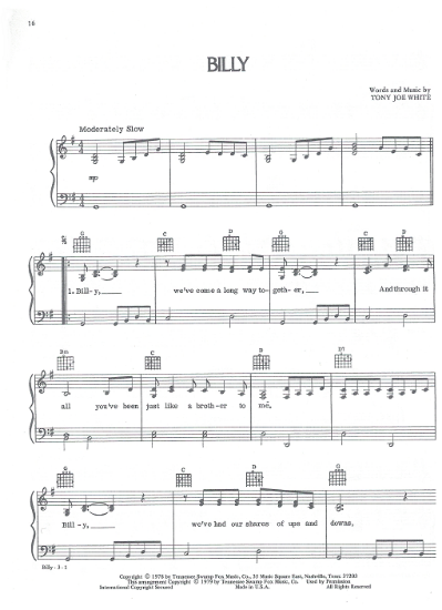 Picture of Billy, Tony Joe White, recorded by Waylon Jennings, sheet music
