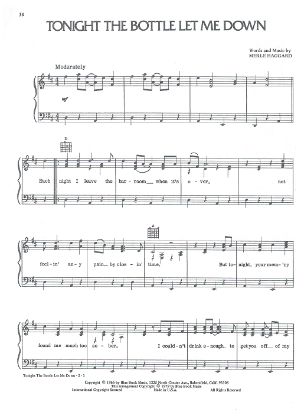 Picture of Tonight the Bottle Let Me Down, Merle Haggard, recorded by Waylon Jennings, sheet music