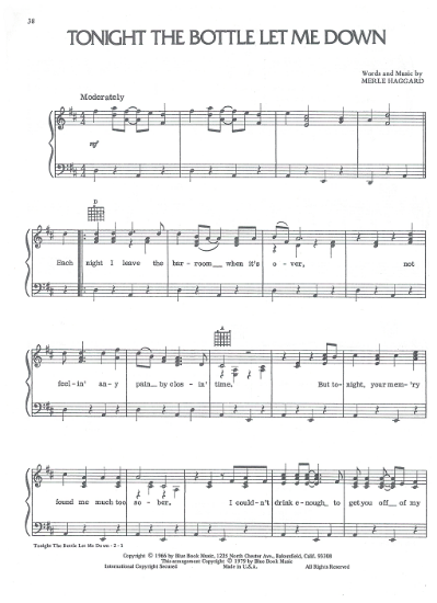 Picture of Tonight the Bottle Let Me Down, Merle Haggard, recorded by Waylon Jennings, sheet music