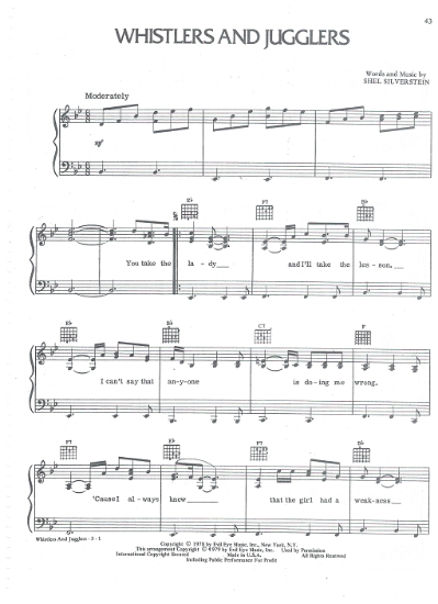 Picture of Whistlers and Jugglers, Shel Silverstein, recorded by Waylon Jennings, sheet music