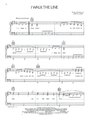 Picture of I Walk the Line, Johnny Cash, recorded by Waylon Jennings, sheet music
