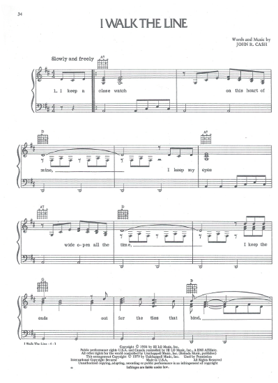 Picture of I Walk the Line, Johnny Cash, recorded by Waylon Jennings, sheet music