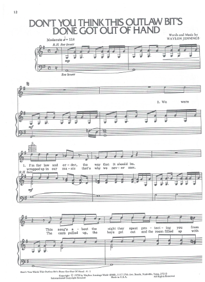 Picture of Don't You Think This Outlaw Bit's Done Got Out of Hand, written & recorded by Waylon Jennings, sheet music