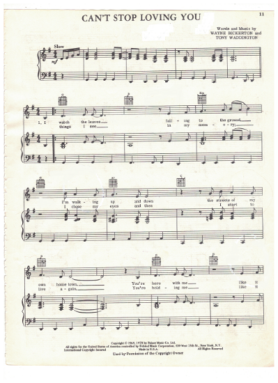 Picture of Can't Stop Loving You, Wayne Bickerton & Tony Waddington, recorded by Tom Jones, sheet music