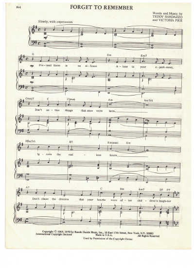 Picture of Forget to Remember, Teddy Randazzo & Victoria Pike, recorded by Frank Sinatra, sheet music, pdf copy 