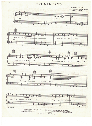 Picture of One Man Band, January Tyme/ Tommy Kaye/ Billy Fox, recorded by Three Dog Night, sheet music, pdf copy