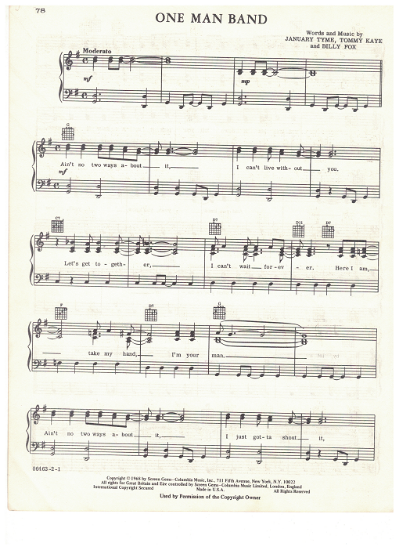 Picture of One Man Band, January Tyme/ Tommy Kaye/ Billy Fox, recorded by Three Dog Night, sheet music, pdf copy