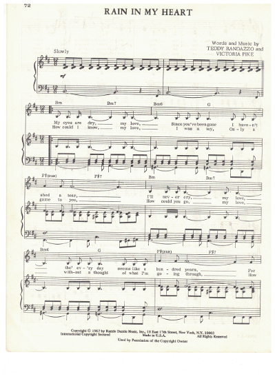 Picture of Rain in My Heart, Teddy Randazzo & Victoria Pike, recorded by Frank Sinatra, sheet music, pdf copy
