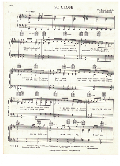 Picture of So Close, written & recorded by Jake Holmes, sheet music