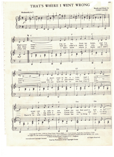 Picture of That's Where I Went Wrong, Terry Jacks, recorded by The Poppy Family, sheet music, pdf copy 