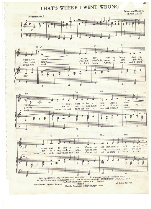 Picture of That's Where I Went Wrong, Terry Jacks, recorded by The Poppy Family, sheet music