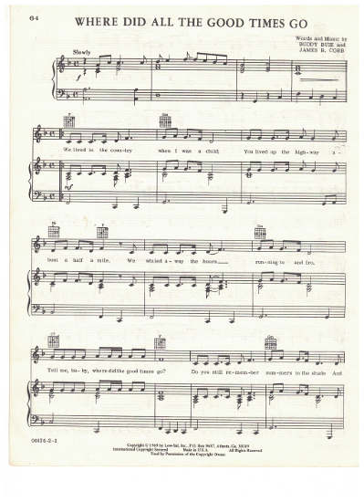 Picture of Where Did All the Good Times Go, Buddy Buie & James B. Cobb, recorded by Dennis Yost and the Classics IV, sheet music, pdf copy