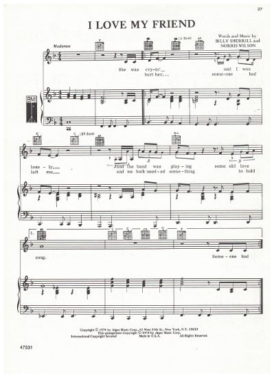 Picture of I Love My Friend, Billy Sherrill & Norris Wilson, recorded by Charlie Rich, sheet music