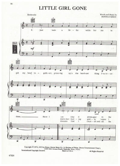 Picture of Little Girl Gone, written & recorded by Donna Fargo, sheet music