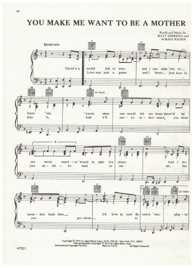 Picture of You Make Me Want to be a Mother, Billy Sherrill & Norris Wilson, recorded by Tammy Wynette, sheet music