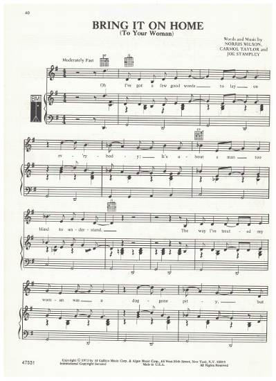 Picture of Bring It on Home (To Your Woman), Norris Wilson/Carmol Taylor/Joe Stampley, recorded by Conway Twitty, sheet music