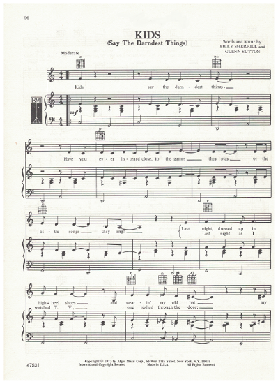 Picture of Kids (Say the Darndest Things), Billy Sherrill & Glenn Sutton, recorded by Tammy Wynette, sheet music