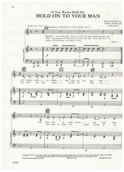 Picture of (If You Wanna Hold On) Hold on to Your Man, Diana Trask & Tom Ewen, recorded by Diana Trask, sheet music