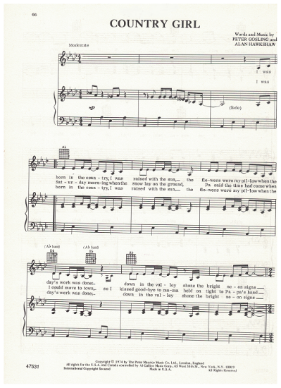 Picture of Country Girl, Peter Gosling & Alan Hawkshaw, recorded by Jody Miller, sheet music