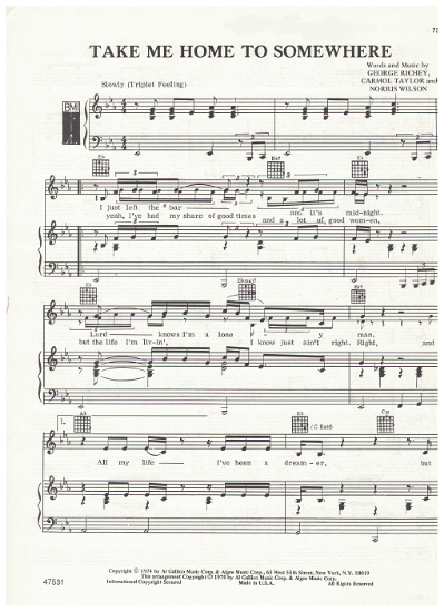 Picture of Take Me Home to Somewhere, Norris Wilson/ George Richey/ Carmol Taylor, recorded by Joe Stampley, sheet music, pdf copy 