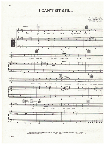 Picture of I Can't Sit Still, Norris Wilson & Carmol Taylor, recorded by Patti Page, pdf copy