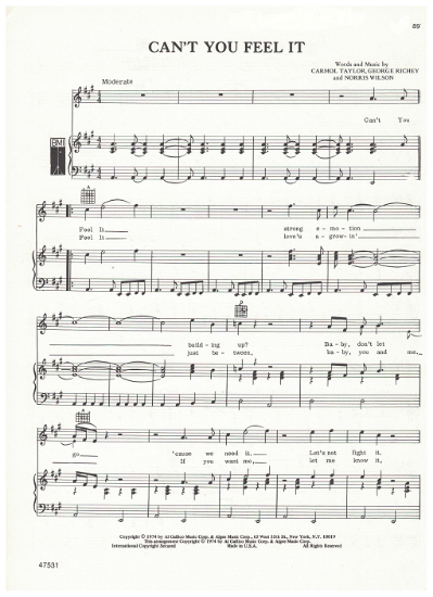 Picture of Can't You Feel It, Carmol Taylor/ Norris Wilson/ George Richey recorded by David Houston, sheet music