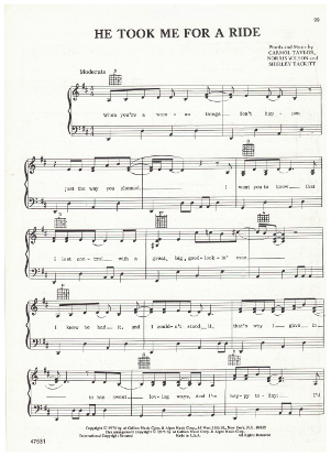Picture of He Took Me For a Ride, Norris Wilson/ Carmol Taylor/ Shirley Tackitt, recorded by Jody Miller, sheet music