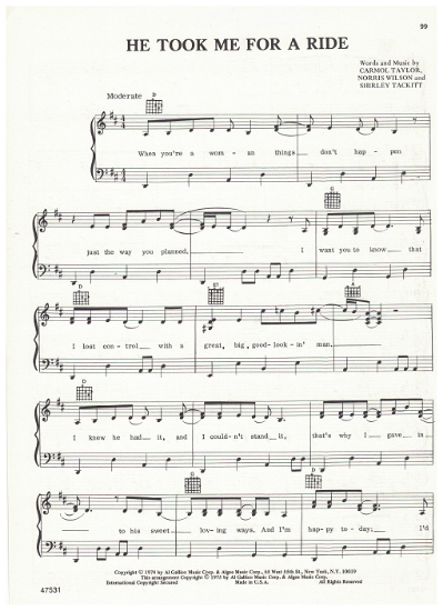 Picture of He Took Me For a Ride, Norris Wilson/ Carmol Taylor/ Shirley Tackitt, recorded by Jody Miller, sheet music