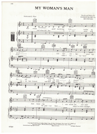 Picture of My Woman's Man, George Richey & Ben Peters, recorded by Freddie Hart & the Heartbreakers, sheet music
