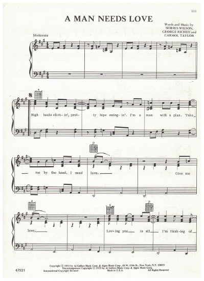 Picture of A Man Needs Love, George Richey/ Carmol Taylor/ Norris Wilson, recorded by David Houston, sheet music