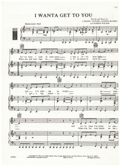 Picture of I Wanta Get to You, Carmol Taylor/ Norris Wilson/ George Richey, recorded by LaCosta Tucker, sheet music