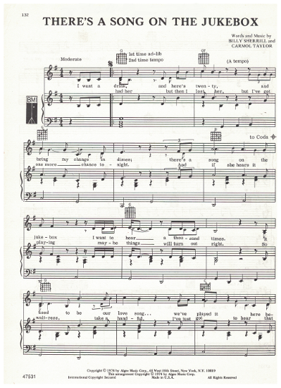 Picture of There's a Song on the Jukebox, Billy Sherrill & Carmol Taylor, recorded by David Wills & covered by Mickey Gilley, pdf copy