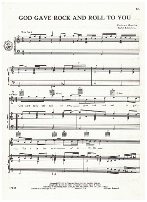 Picture of God Gave Rock and Roll To You, Russ Ballard, recorded by Argent & covered by Kiss, sheet musi