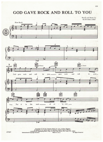 Picture of God Gave Rock and Roll To You, Russ Ballard, recorded by Argent & covered by Kiss, sheet musi