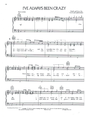 Picture of I've Always Been Crazy, written & recorded by Waylon Jennings, sheet music