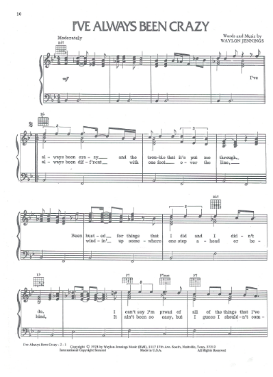Picture of I've Always Been Crazy, written & recorded by Waylon Jennings, sheet music