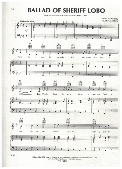 Picture of Ballad of Sheriff Lobo, theme from "Sheriff Lobo", Glen A. Larson, sheet music