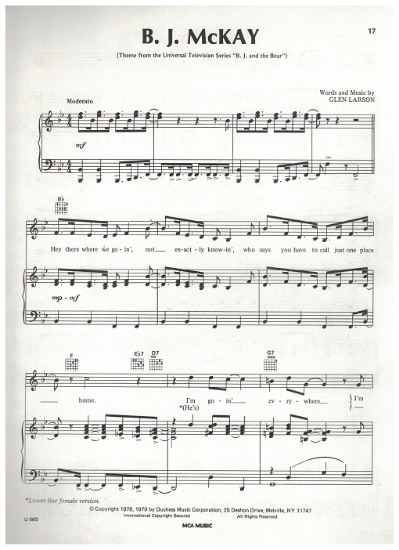 Picture of B. J. McKay, theme from movie "B. J. and the Bear", Glen A. Larson, sheet music