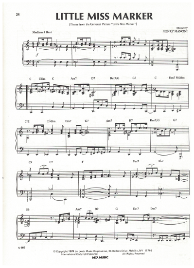 Picture of Little Miss Marker, movie title song, Henry Mancini, piano solo, sheet music