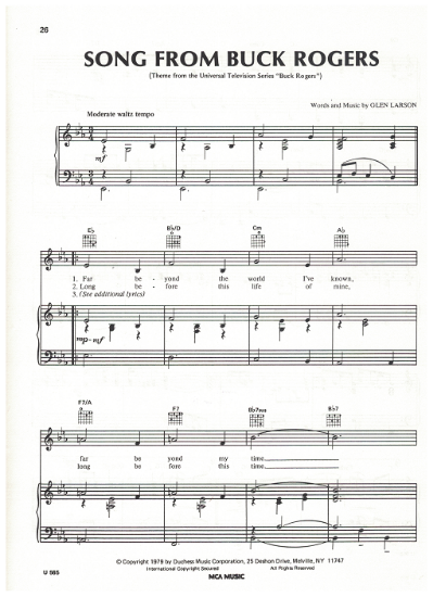Picture of Song From Buck Rogers, T.V. theme, Glen A. Larson, sheet music