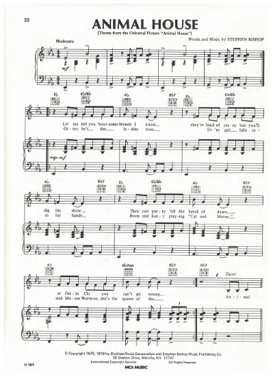 Picture of Animal House, movie title song, Stephen Bishop, sheet music