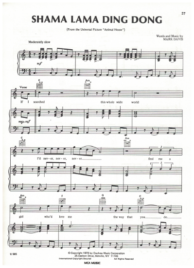 Picture of Shama Lama Ding Dong, from movie "Animal House", Mark Davis, sheet music