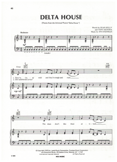 Picture of Delta House, movie title song, Sean Kelly/Tony Hendra/Jim Steinman, sheet music
